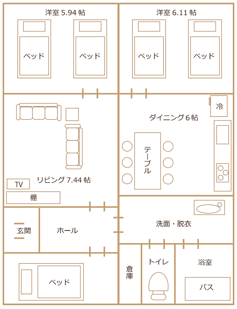 ログ調のタイプコテージのアンの間取り